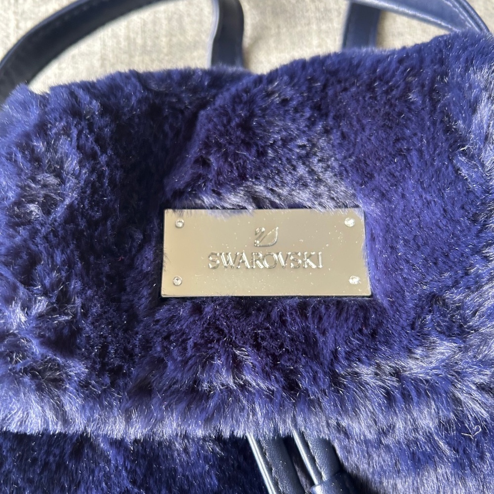 Swarovski faux fur mini backpack purse handbag, dark blue, adjustable straps - Picture 2 of 8